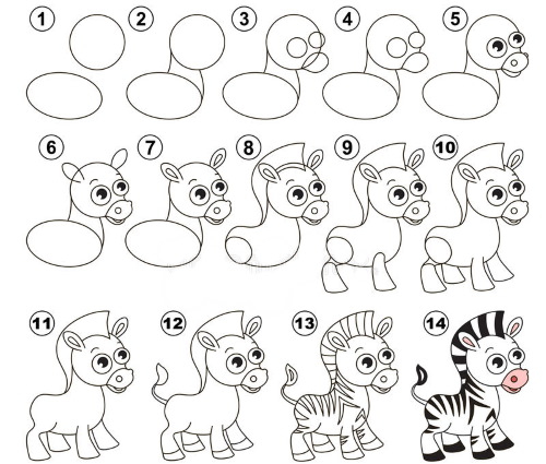 Zebra-Bleistiftzeichnung für Kinder. Wie man Schritt für Schritt zeichnet