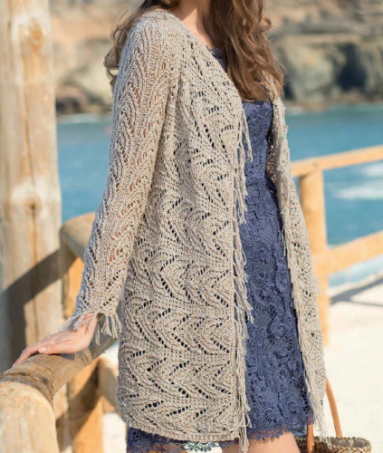 Durchbrochene Strickjacke aus dünnem Garn. Schema und Beschreibung