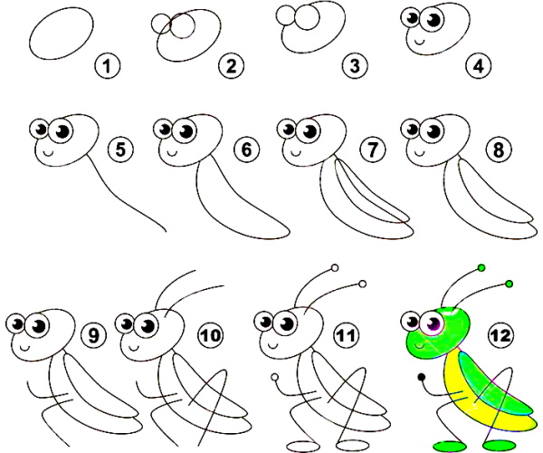 Heuschreckenzeichnung für Kinder mit Bleistift Schritt für Schritt