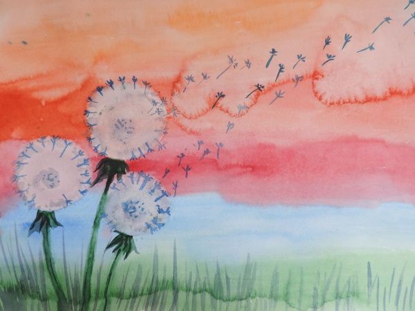Löwenzahnzeichnung für Kinder mit Bleistift, Farben