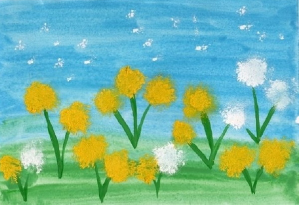 Löwenzahnzeichnung für Kinder mit Bleistift, Farben