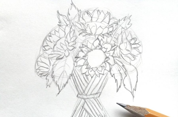 Sonnenblumenzeichnung für Kinder mit Bleistift, Farben