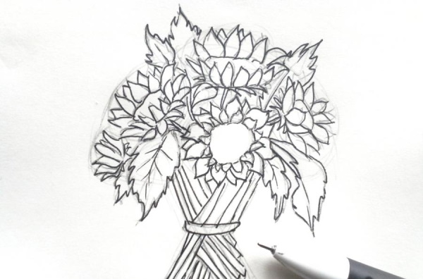 Sonnenblumenzeichnung für Kinder mit Bleistift, Farben