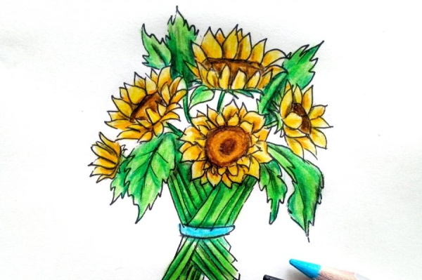 Sonnenblumenzeichnung für Kinder mit Bleistift, Farben