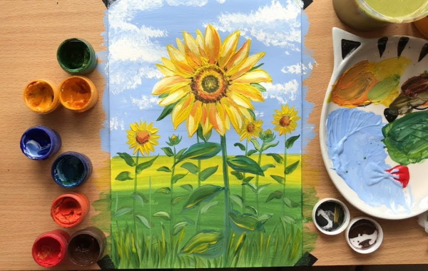 Sonnenblumenzeichnung für Kinder mit Bleistift, Farben