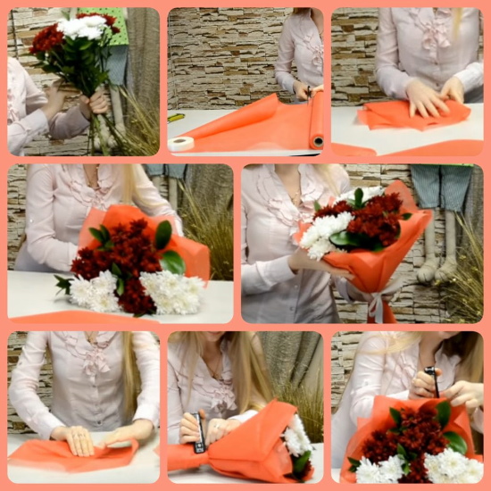 Verpackung von Sträußen aus frischen Blumen in Foamiran, Kraftpapier, Folie