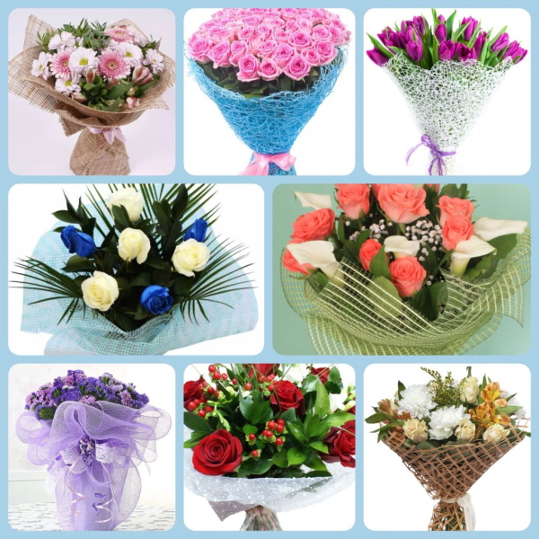 Verpackung von Sträußen aus frischen Blumen in Foamiran, Kraftpapier, Folie