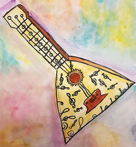 Balalaika-Zeichnung für Kinder in Bleistift schwarz und weiß, Farbe Schritt für Schritt