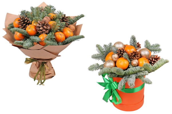 Blumenstrauß aus Mandarinen und Tannenzweigen mit eigenen Händen