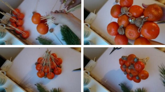 Blumenstrauß aus Mandarinen und Tannenzweigen mit eigenen Händen