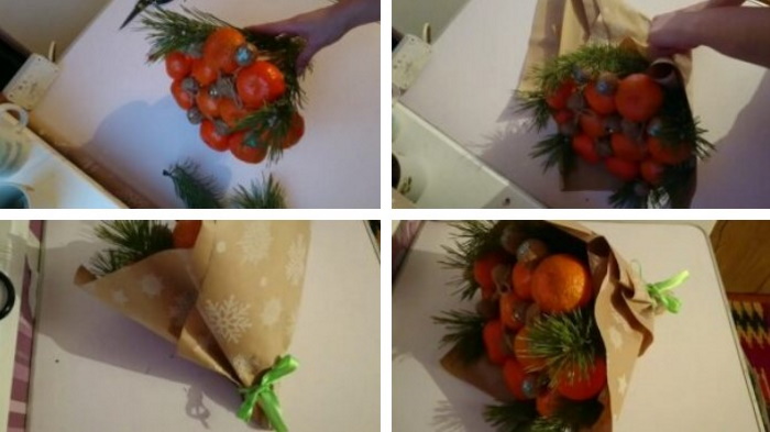 Blumenstrauß aus Mandarinen und Tannenzweigen mit eigenen Händen