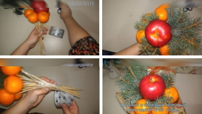 Blumenstrauß aus Mandarinen und Tannenzweigen mit eigenen Händen