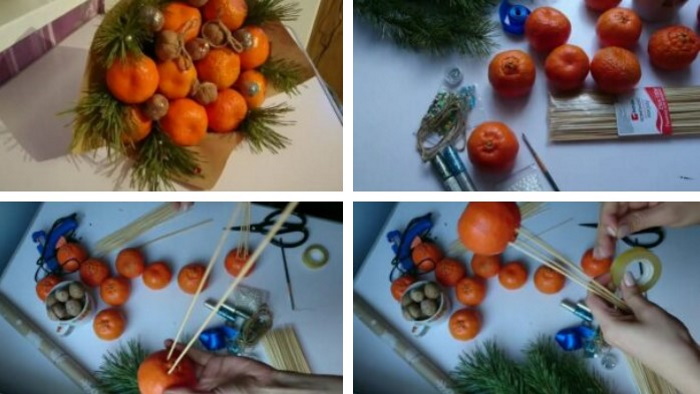 Blumenstrauß aus Mandarinen und Tannenzweigen mit eigenen Händen