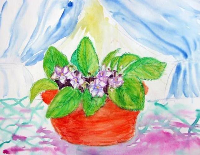 Violets drawing for children with paints, pencil