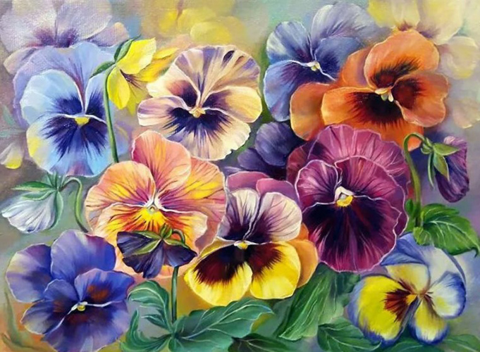 Violets drawing for children with paints, pencil