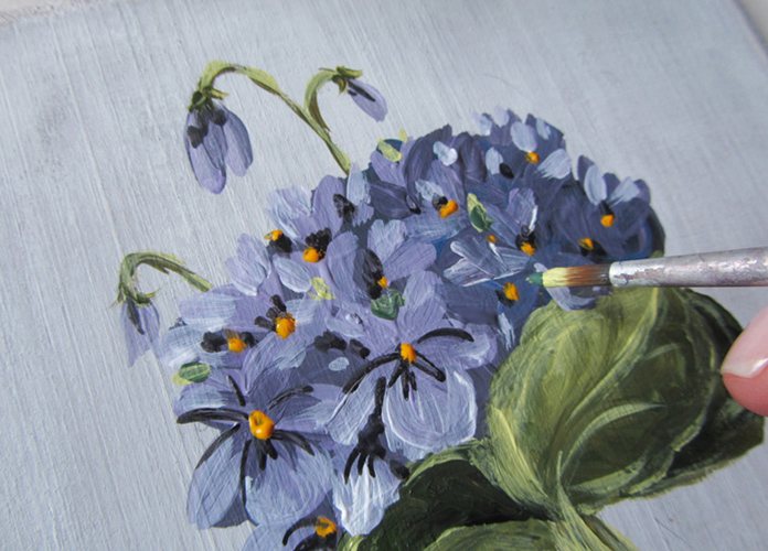 Violets drawing for children with paints, pencil