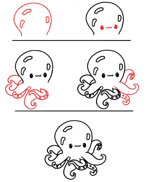 Octopus drawing for kids with pencil, watercolor