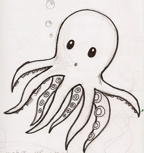 Octopus drawing for kids with pencil, watercolor