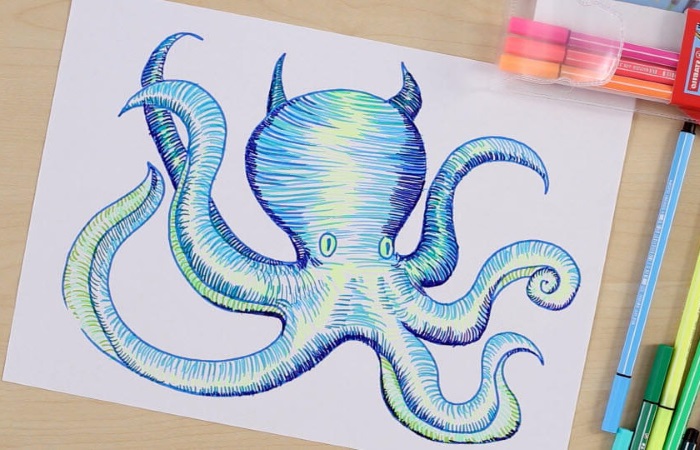 Octopus drawing for kids with pencil, watercolor