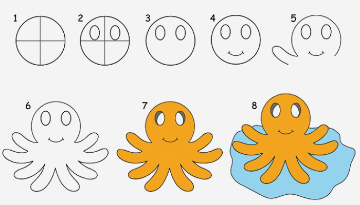 Octopus drawing for kids with pencil, watercolor