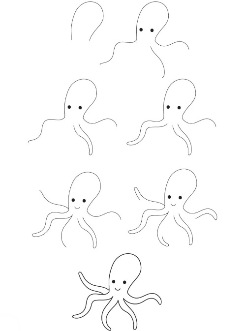 Octopus drawing for kids with pencil, watercolor