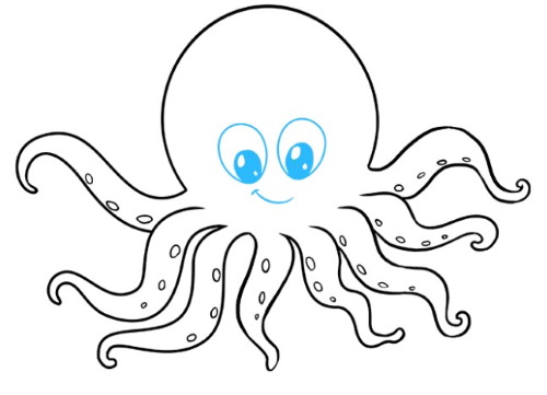 Octopus drawing for kids with pencil, watercolor