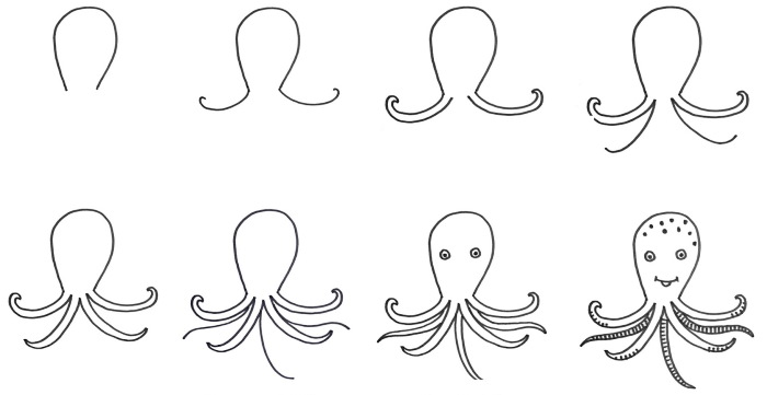 Octopus drawing for kids with pencil, watercolor
