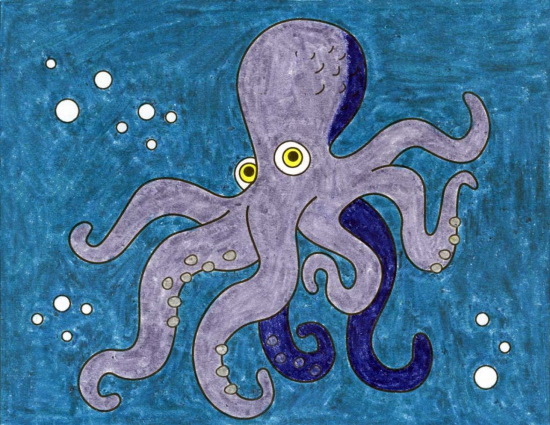 Octopus drawing for kids with pencil, watercolor