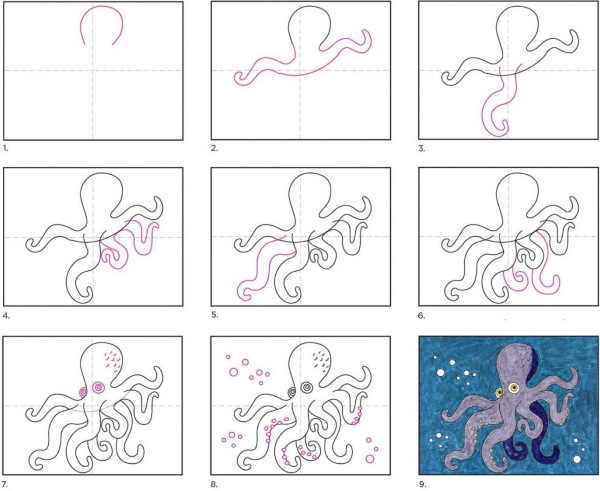 Octopus drawing for kids with pencil, watercolor