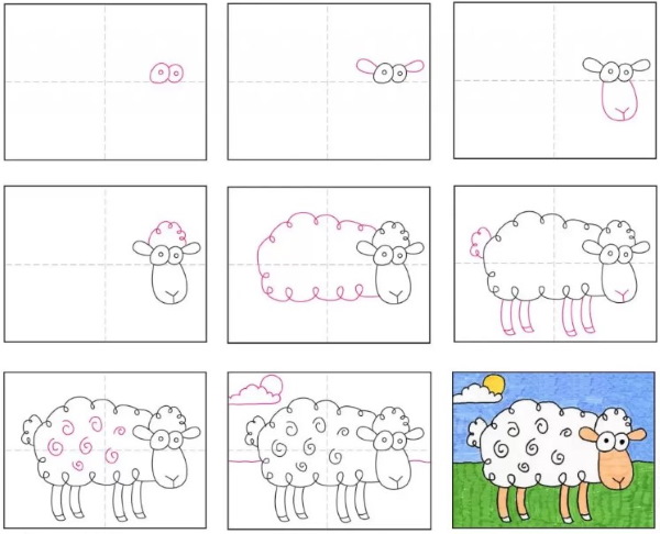 Schafe - Zeichnung für Kinder mit Bleistift, Farben