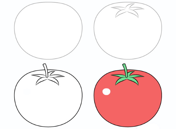 Tomatenzeichnung für Kinder mit Bleistift, Farben