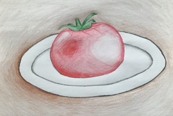 Tomatenzeichnung für Kinder mit Bleistift, Farben