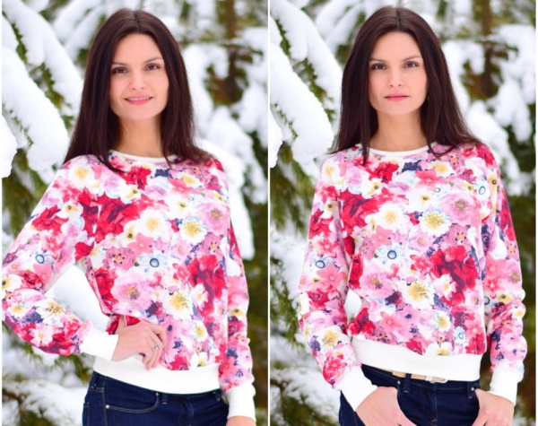 Damen-Sweatshirt. Muster mit Stickerei, Raglanärmel, Kapuze, Druck