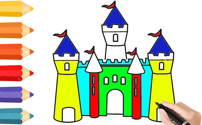 Schlosszeichnung für Kinder mit Farben, Bleistift