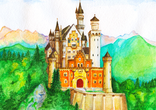 Schlosszeichnung für Kinder mit Farben, Bleistift