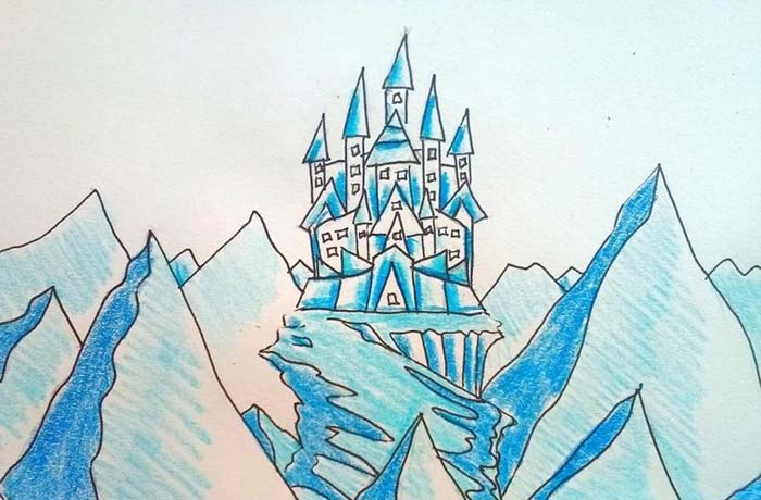 Schloss der Schneekönigin, Bleistiftzeichnung, Farben