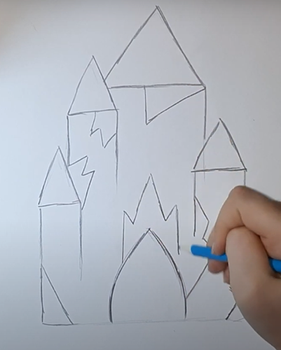 Schloss der Schneekönigin, Bleistiftzeichnung, Farben