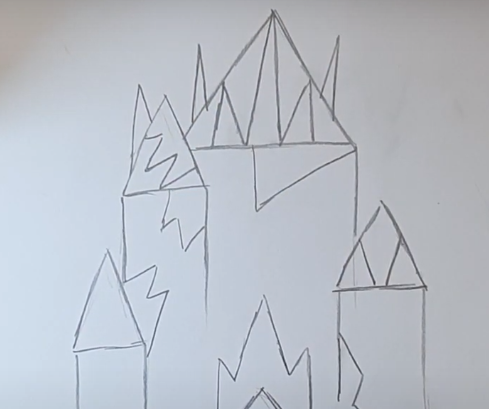 Schloss der Schneekönigin, Bleistiftzeichnung, Farben