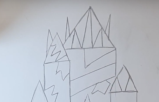 Schloss der Schneekönigin, Bleistiftzeichnung, Farben