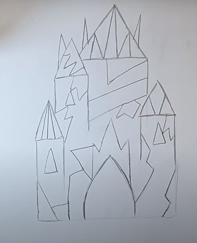 Schloss der Schneekönigin, Bleistiftzeichnung, Farben