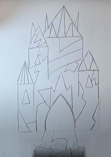 Schloss der Schneekönigin, Bleistiftzeichnung, Farben