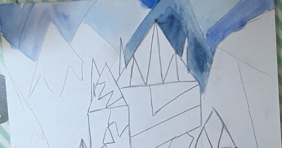 Schloss der Schneekönigin, Bleistiftzeichnung, Farben