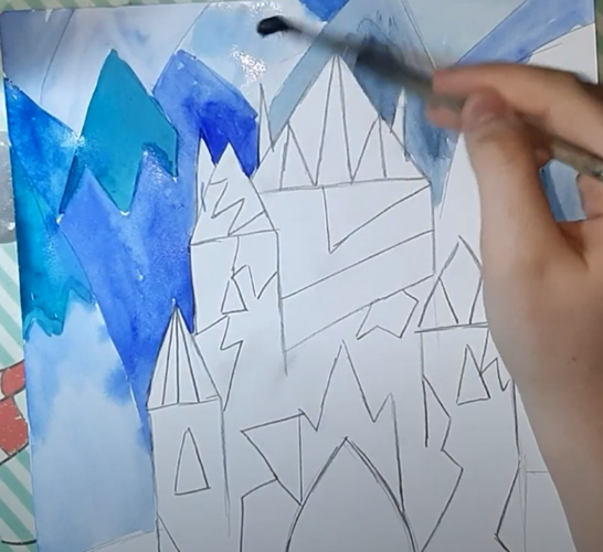 Schloss der Schneekönigin, Bleistiftzeichnung, Farben