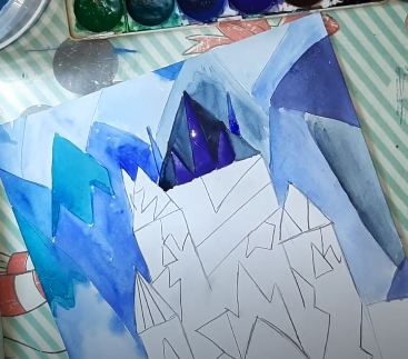 Schloss der Schneekönigin, Bleistiftzeichnung, Farben