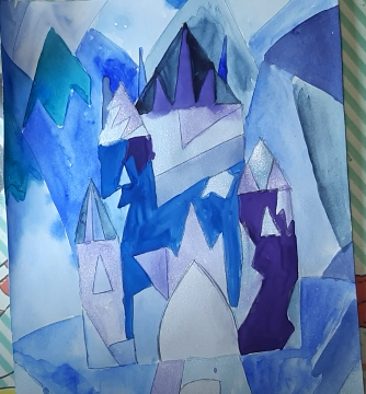 Schloss der Schneekönigin, Bleistiftzeichnung, Farben