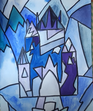 Schloss der Schneekönigin, Bleistiftzeichnung, Farben