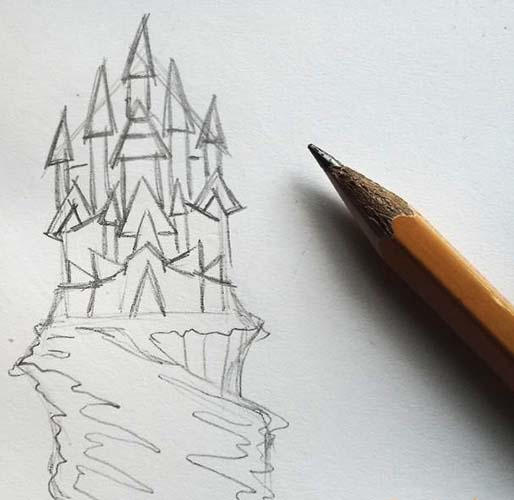 Schloss der Schneekönigin, Bleistiftzeichnung, Farben