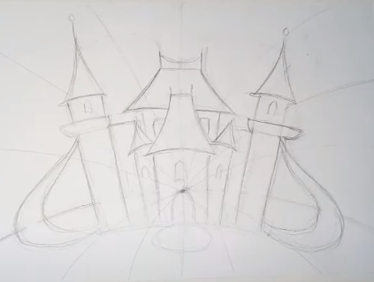 Schloss der Schneekönigin, Bleistiftzeichnung, Farben