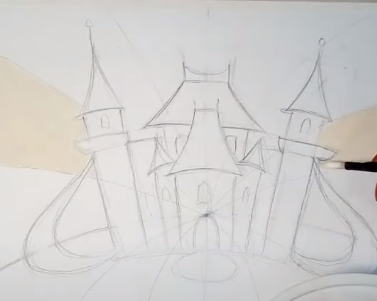 Schloss der Schneekönigin, Bleistiftzeichnung, Farben