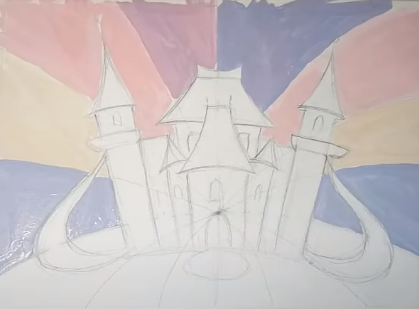 Schloss der Schneekönigin, Bleistiftzeichnung, Farben